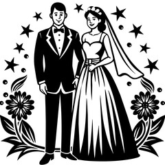 Fototapeta premium wedding couple silhouette, black couple silhouette vector illustration,icon,svg,bride and groom characters,Holiday t shirt,Hand drawn trendy Vector illustration,wedding letter on black background