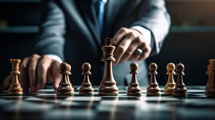 chess battle, victory, success, leader, teamwork, business strategy . business man wear business suit move prepare move king chess pieces, plan strategy lead successful business competition leader - obrazy, fototapety, plakaty