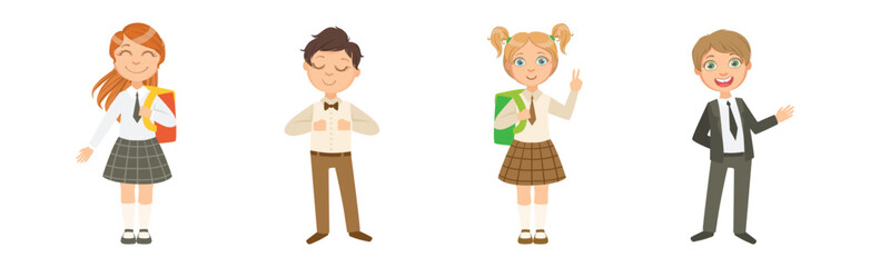 Kid Pupil Character Standing with Backpack Back to School Lesson Vector Set