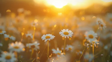 Poster Im Rahmen The landscape of white daisy blooms in a field, with the focus on the setting sun. The grassy meadow is blurred, creating a warm golden hour effect during sunset and sunrise time © Sourav Mittal
