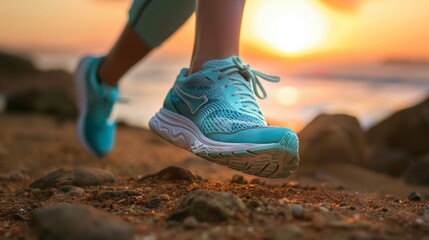 Naklejka premium runner running on seaside beach on sunset, fitness runner during outdoor workout. Jogging at outdoors. running for exercise. fitness, silhouette, sunrise, exercise, fitness, health,