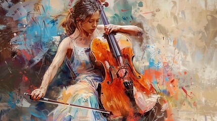 A young woman playing the cello - obrazy, fototapety, plakaty