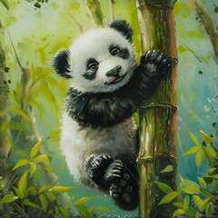 AI generated illustration of a panda cub climbing a bamboo branch in an oil painting