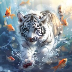 AI generated illustration of a white tiger and goldfish in water, exotic wildlife