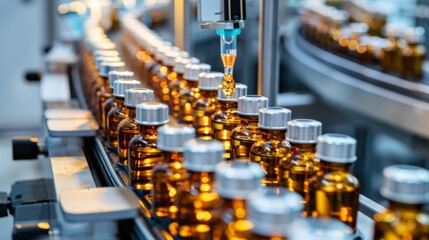 Medical vials on production line at pharmaceutical factory, Pharmaceutical machine working pharmaceutical glass bottles production line, health care, pandemic
