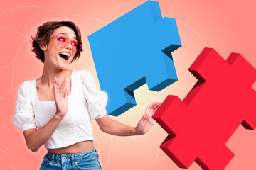 Composite collage picture image of amazed female dance look puzzle game jigsaw solve task fantasy...