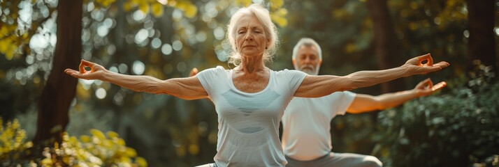 A vibrant senior couple practices yoga in the park, embodying health, fitness. - Powered by Adobe