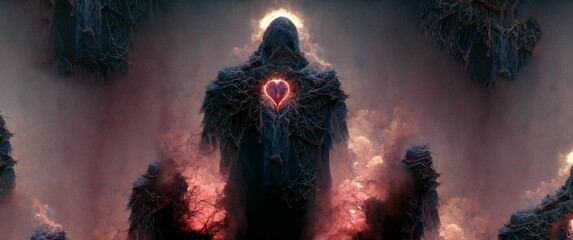 AI generated illustration of an ethereal figure surrounded by a fiery aura with a red heart - obrazy, fototapety, plakaty