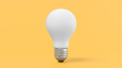 White light bulb on bright yellow background in pastel colors. Minimalist concept, bright idea concept, isolated lamp. 3d rendering