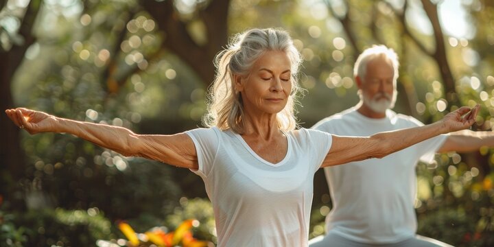 A group of senior adults enjoys outdoor yoga, fostering fitness, relaxation, and togetherness in nature.