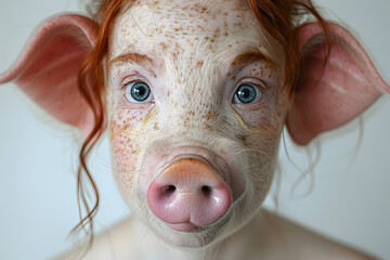 Closeup portrait of woman-pig hybrid face with pig nose and pig skin texture isolated on a white background