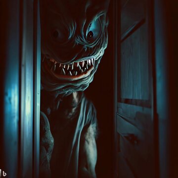 AI generated illustration of an eerie creature behind the door in a suspenseful atmosphere