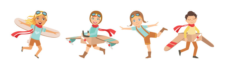 Cheerful Kids Playing Pilot with Plane and Wings Vector Set - obrazy, fototapety, plakaty