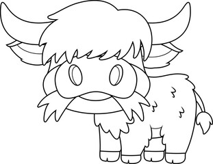 Outlined Cute Highland Cow Animal Cartoon Character Eating A Grass. Vector Hand Drawn Illustration Isolated On Transparent Background