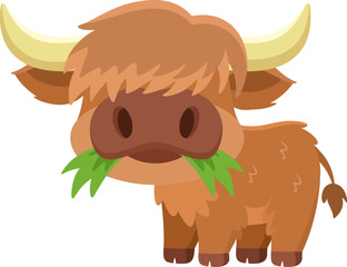 Cute Highland Cow Animal Cartoon Character Eating A Grass. Vector Illustration Flat Design Isolated On Transparent Background - obrazy, fototapety, plakaty