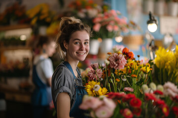 A young gardener working in a large greenhouse, plant nursery or florist shop, caring for plants and serving customers. - obrazy, fototapety, plakaty