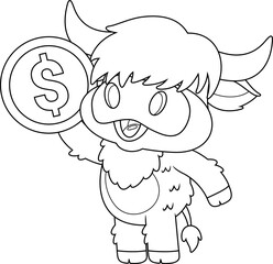 Outlined Cute Highland Cow Animal Cartoon Character Holding A Bitcoin. Vector Hand Drawn Illustration Isolated On Transparent Background