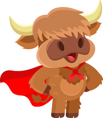 Cute Highland Cow Animal Cartoon Character SuperHero. Vector Illustration Flat Design Isolated On Transparent Background