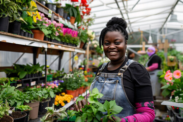 A young African gardener woman working in a large greenhouse, plant nursery or florist shop, caring for plants and serving customers. - obrazy, fototapety, plakaty