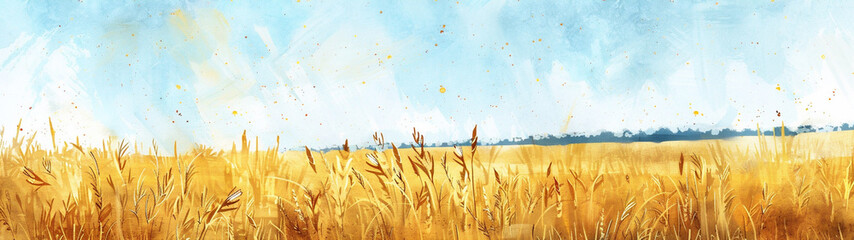 Watercolor illustration of a wheat yellow field. Generative Ai. Art landscape. - obrazy, fototapety, plakaty