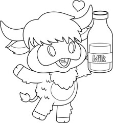 Outlined Cute Highland Cow Animal Cartoon Character Holding Up A Milk Bottle. Vector Hand Drawn Illustration Isolated On Transparent Background