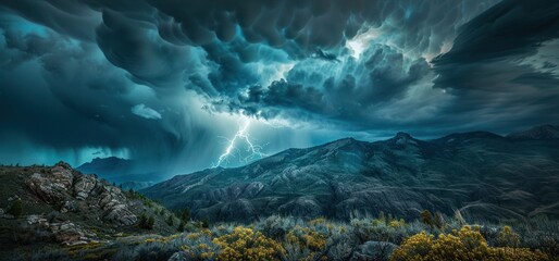 A dramatic thunderstorm in a mountainous landscape. The sky is dominated by ominous, swirling storm clouds in shades of dark blue and gray, illuminated by lightning - AI Generated Digital Art - Powered by Adobe