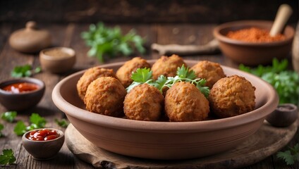 AI generated illustration of meatballs in a brown bowl on the table