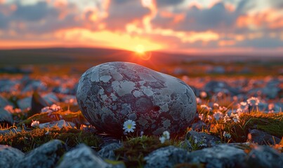 AI generated illustration of a massive rock amidst a bed of flowers and stones
