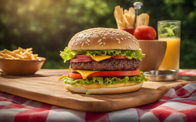 American cheeseburger, juicy, sesame bun, bright colors, picnic table setting