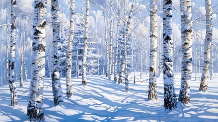 Fototapeta premium Birch forest in winter, oil painting style - AI Generated Digital Art