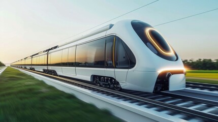 Fototapeta premium White Train Passing Through Lush Green Field
