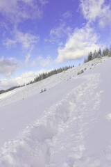 the path paved in deep snow in the mountains in winter. winter hike, journey, good winter weather