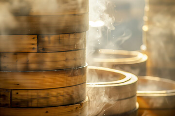 AI generated illustration of bamboo steamers stacked atop each other