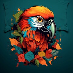 AI generated illustration of a vibrant colorful parrot with foliage on the green background
