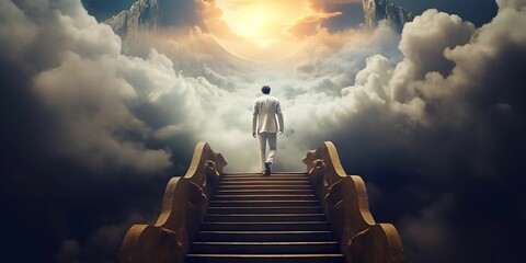 Man climbing stairs leading to heaven. - obrazy, fototapety, plakaty