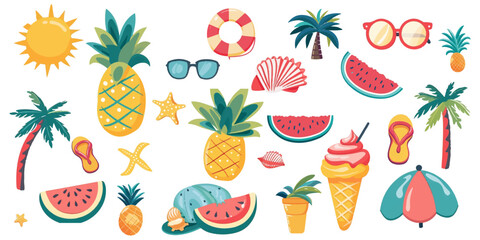Set of cute colorful summer illustrations vector on white background.