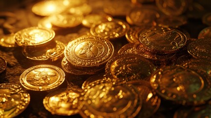 Sparkling golden coins on bright light glowing bokeh background