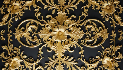 Close-up of an ornate golden baroque pattern with intricate details  bright colors shadows on a dark background, showcasing luxurious design