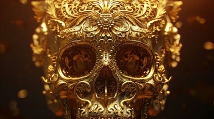 Golden human skull on motion blur and dark background