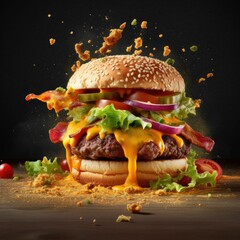 AI generated illustration of a delicious, freshly-prepared cheeseburger