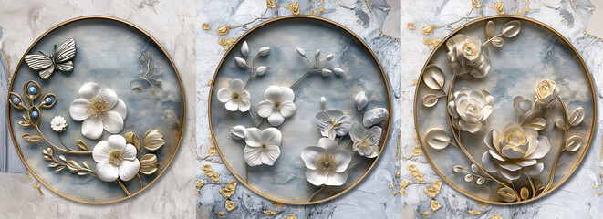 panel wall art, marble background with flowers designs , wall decoration - obrazy, fototapety, plakaty
