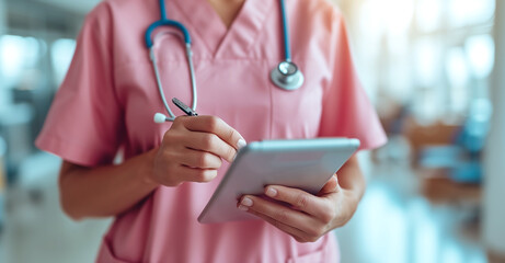 AI generated illustration of a Closeup of healthcare worker in scrubs holding a digital tablet - obrazy, fototapety, plakaty