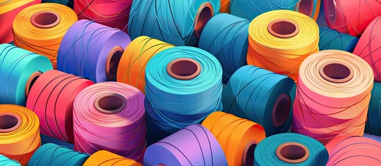 A variety of colorful rolls of yarn, including blue, purple, magenta, and electric blue, are stacked on top of each other in a creative arts display of woolen textiles