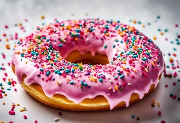 AI generated illustration of a pink frosted donut with colorful sprinkles