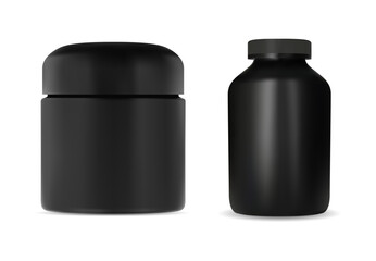 Protein jar vector blank. Supplement vitamin container design. Black plastic can template mockup, realistic cylinder muscle gainer packaging sample illustration