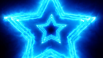 Obraz premium Abstract motion of glowing energetic plasma star shape. Blue neon colored bright fog lines on a black background. Radial concentric star shapes flashing pattern.