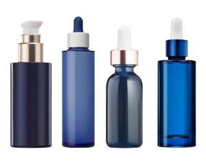 Serum dropper bottle mockup. Essential oil eyedropper flask, natural premium essence product. Blue glass packaging blank, small lotion bottle, vector isolated on white
