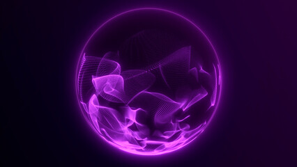 Fototapeta na wymiar Abstract digital energy glowing sphere, neon purple orb with wave-shaped particles levitating in space. Magic dynamic flowing shiny futuristic ball on dark background.