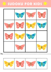 Sudoku logical reasoning activity for kids. Fun sudoku puzzle with cute butterfly illustration. Children educational activity worksheet.	