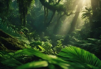 forest with many trees and ferns on it in the sun - obrazy, fototapety, plakaty